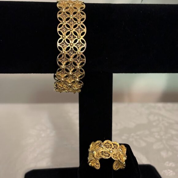 Filigree Jewelry from Portugal - Silver Adjustable Bracelet Geometric and Ring